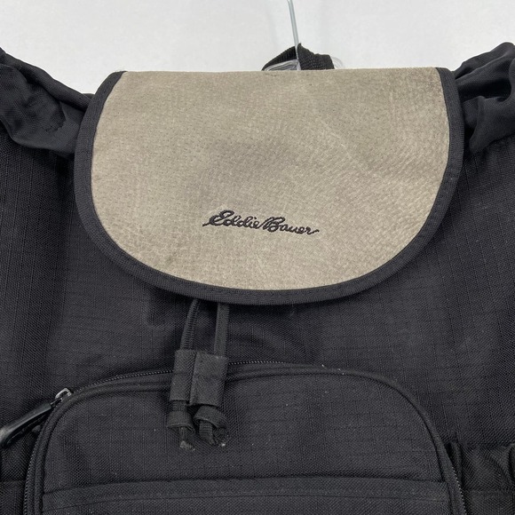 Eddie Bauer Canvas Backpack Cinch Drawstring Top Flap Closure Black - Picture 2 of 12